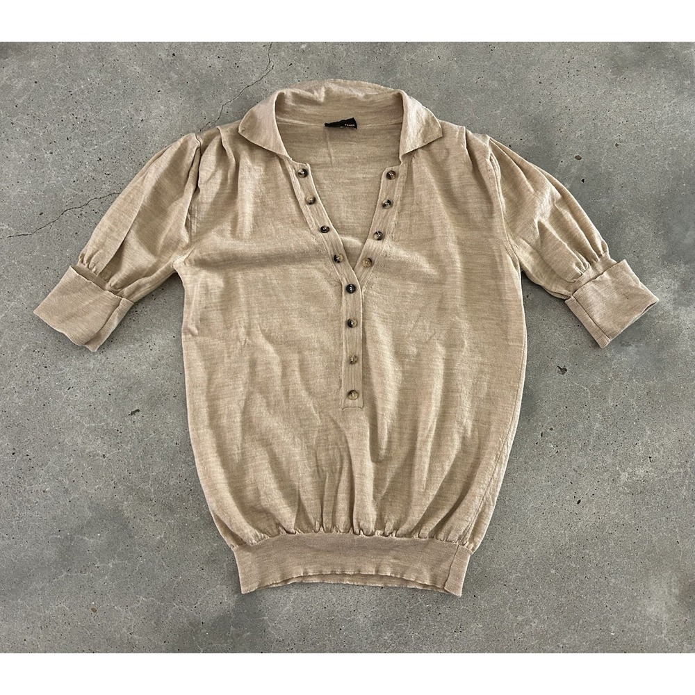 Fendi Sweater Womens Collared Henley Short Puff Sleeve Knit Made‎ Italy As Is